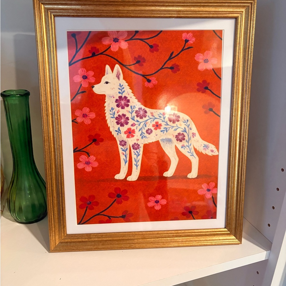Floral German Shepard Art Print in Gold Frame - Red & Pink